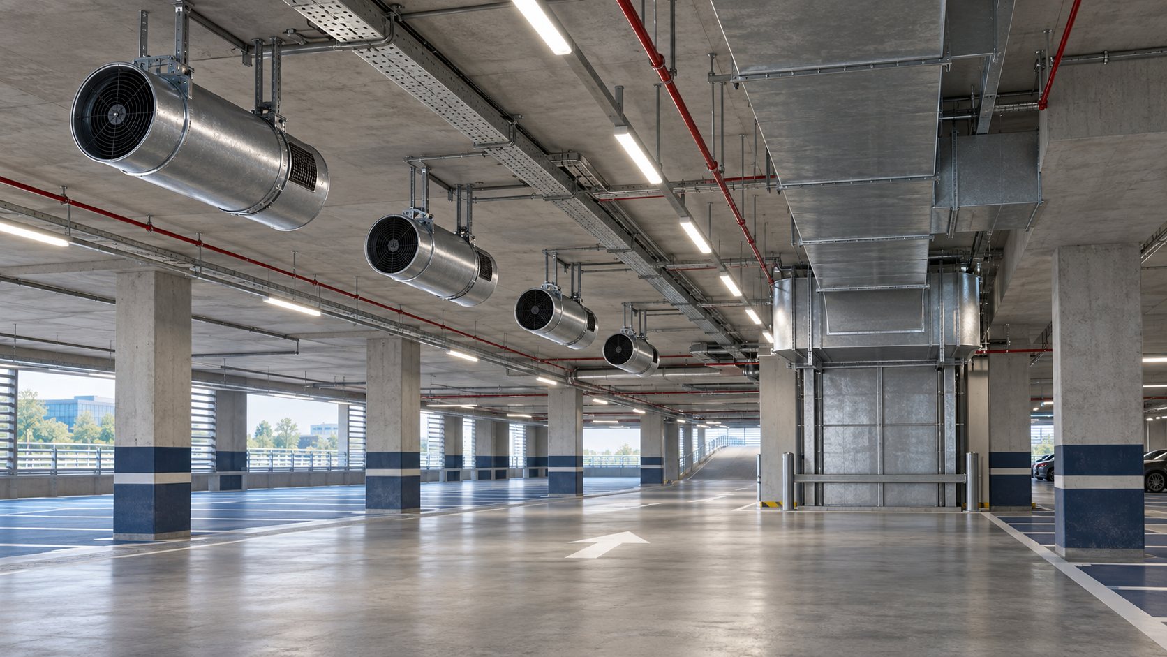 Illustrative enclosed car park ventilation system with impulse fans and smoke extract ductwork