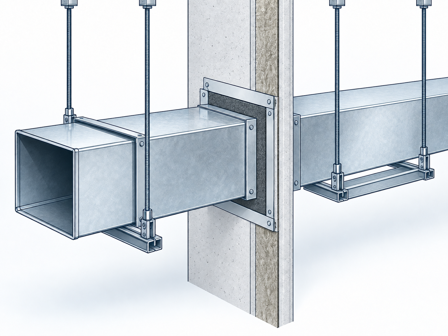 Fire-resisting ventilation duct passing through a fire-rated wall on paired trapeze supports