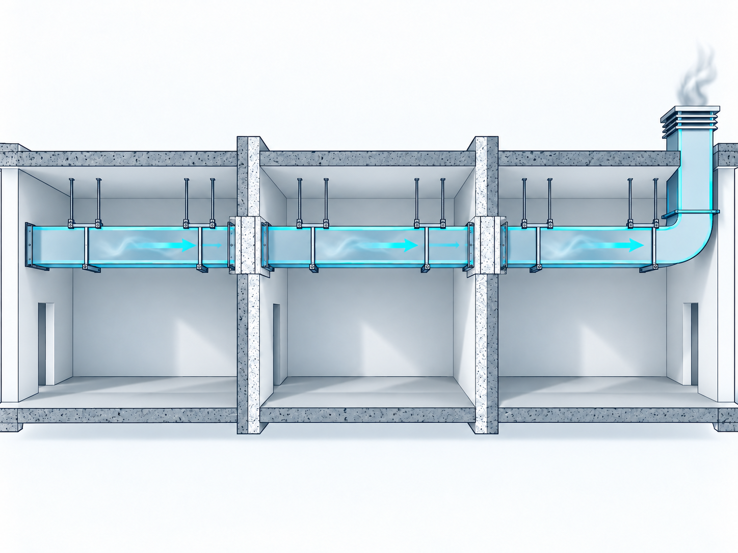Multi-compartment smoke extraction duct passing through fire-rated compartment walls on paired supports