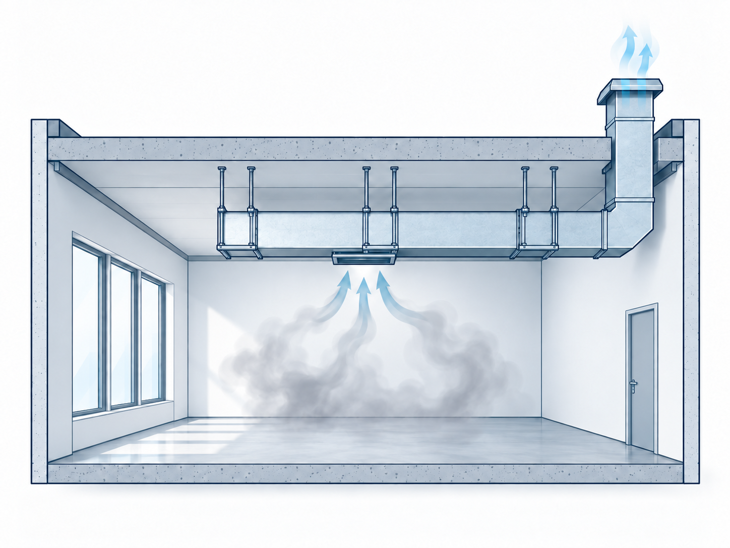 Single-compartment smoke extraction duct extracting smoke within one room on paired trapeze supports