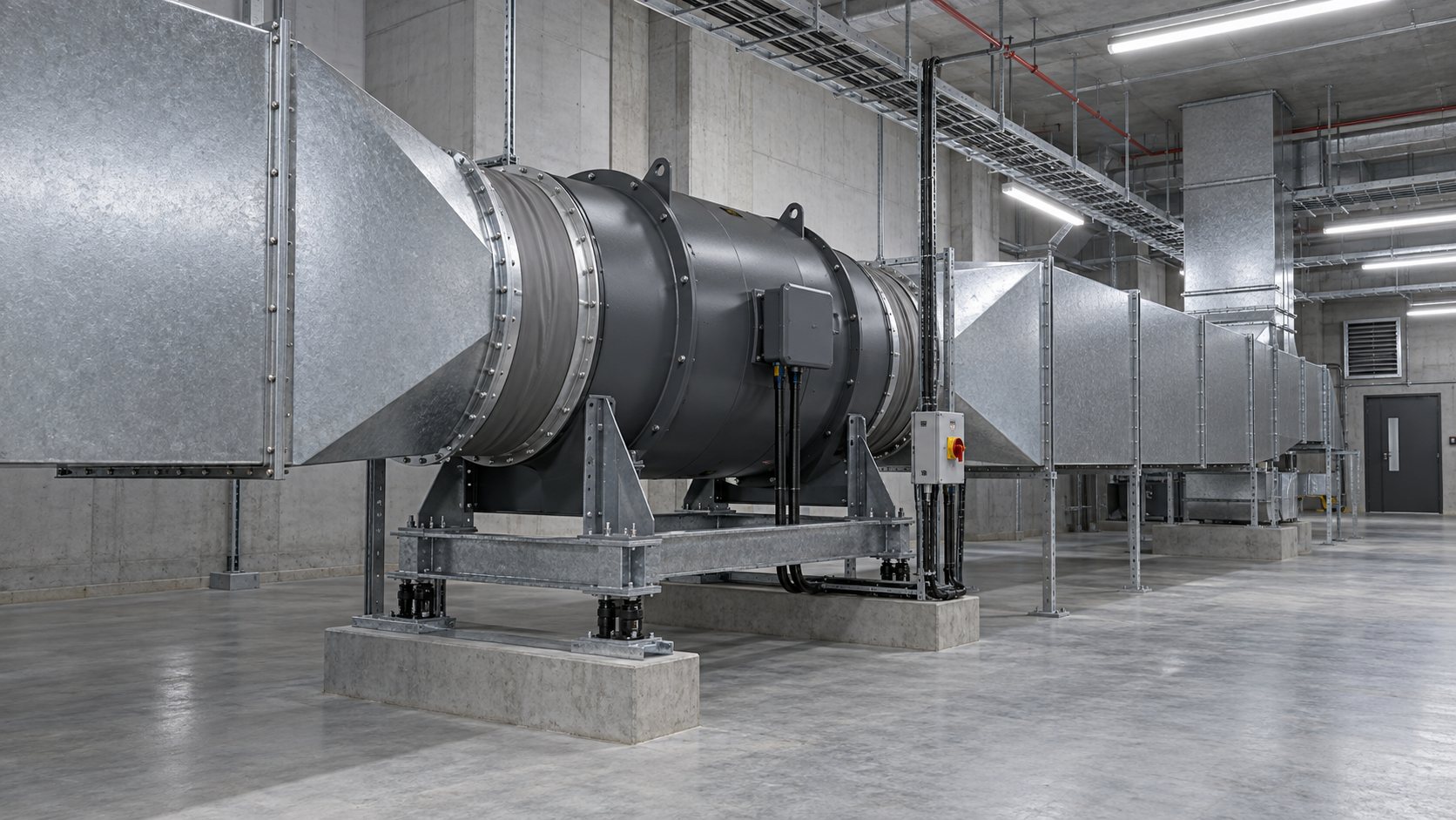 Illustrative ducted smoke-control fan installation in a commercial plant room